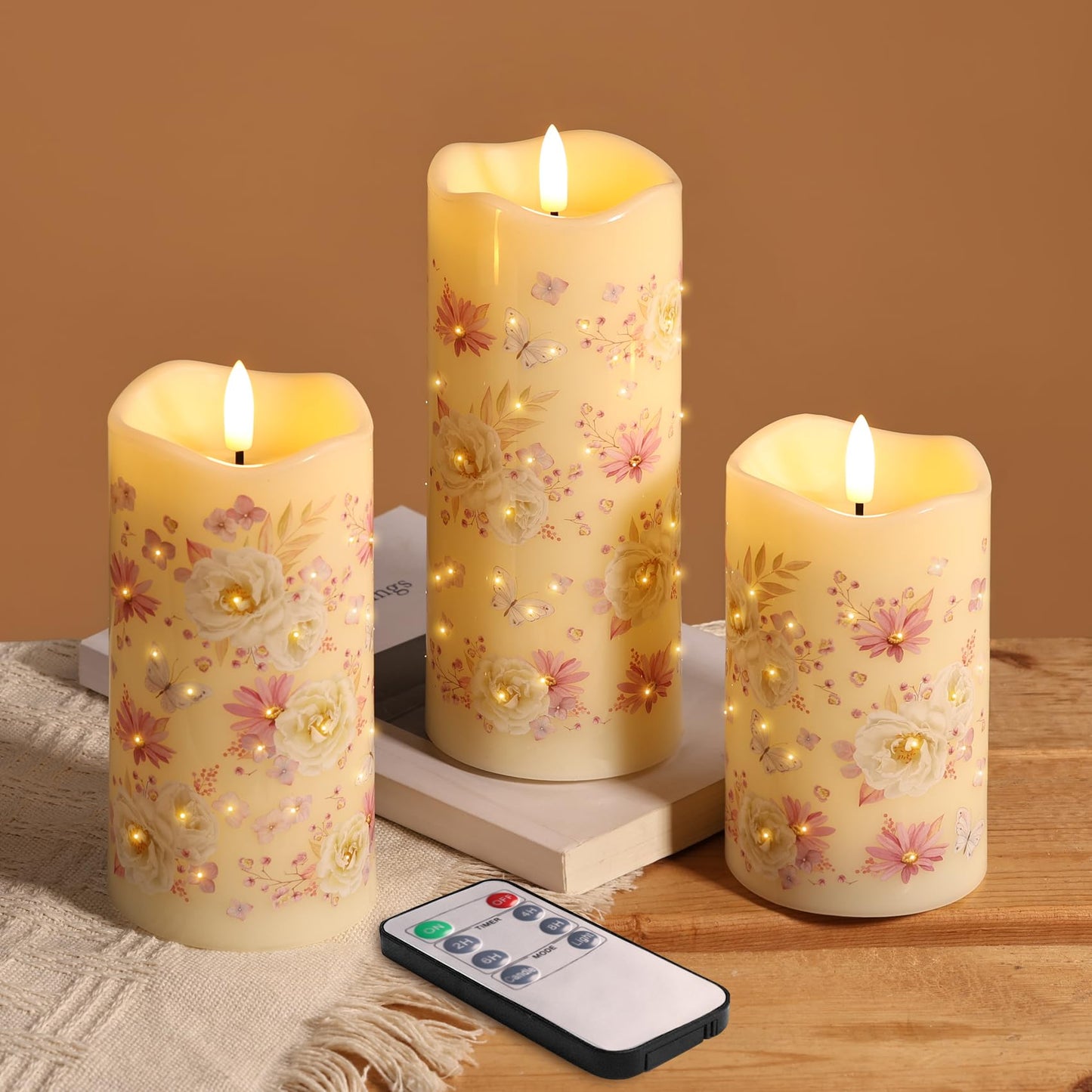 Eywamage Fiber Optic Flameless Pillar Candles with Remote, Floral Butterfly Summer LED Candles Flickering Home Decor Gift Set of 3