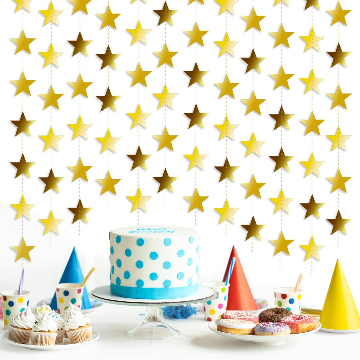 YUQILIN 158 Feet 12 PCS Glitter Gold Star Garland Banner Decoration, Reflective Sparkle Little Star Paper Hanging Decor Double Side Star Streamer Bunting for Party Wedding Christmas Birthday Festival