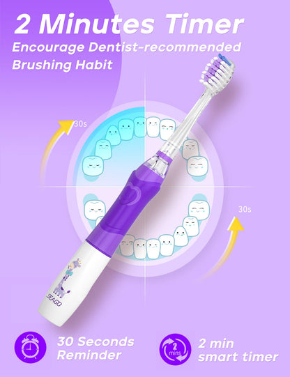 SEAGO Kids Electric Toothbrush with 2 Mins Brushing Timer and 8 Replacement Bursh Heads,Rainbow LED Light Make Brushing Fun, Pink Color Girls Battery Powerd Toothbrush for 4-12 Years Old