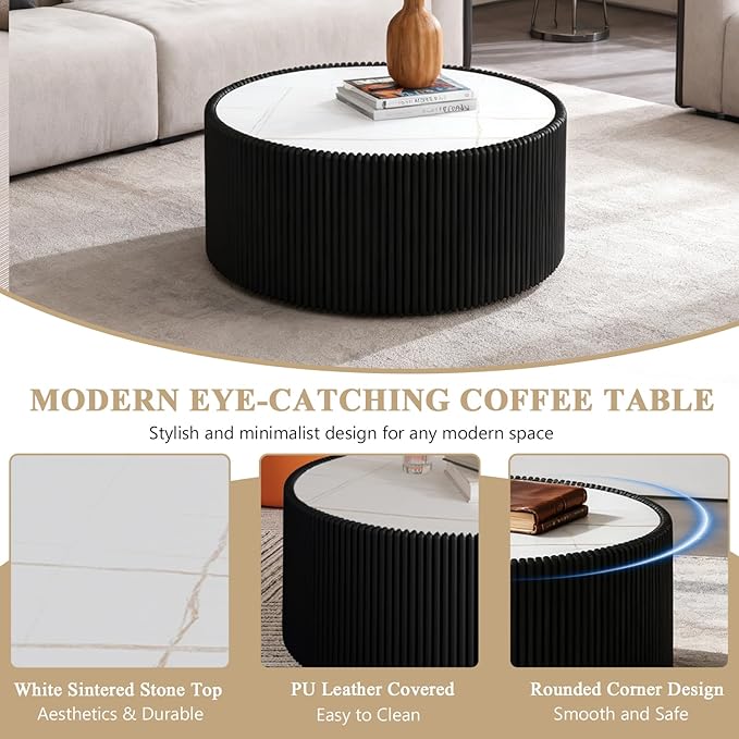 2-Piece Round Nesting Coffee Table Set, 29.52" Marble Coffee Table and End