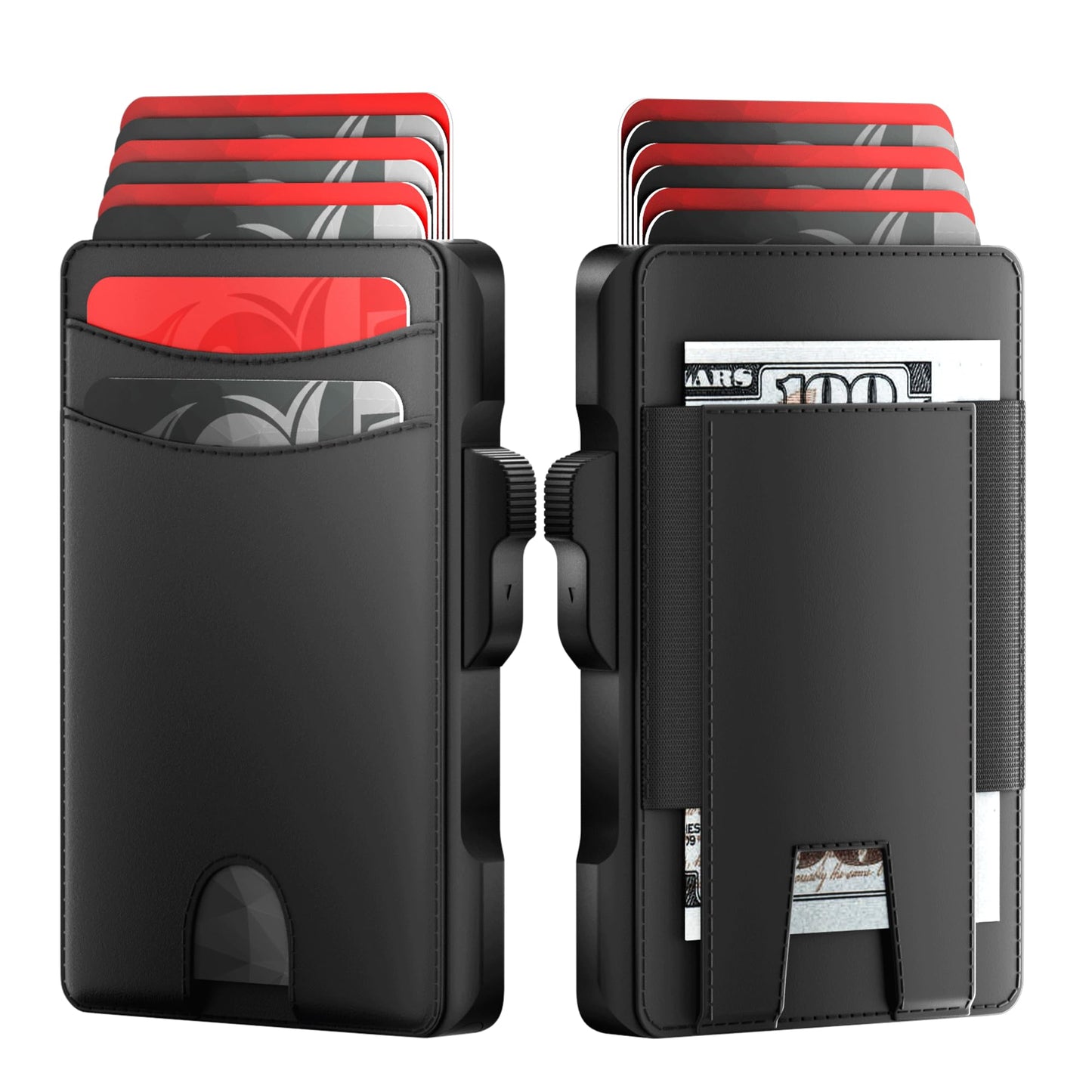 Taykos Minimalist Mens Wallet Card Holder: Pop Up Card Case, Genuine Leather, Smart, RFID Blocking, Slim, Thin, Front Pocket, Gift Box - 9-12 Card Capacitiy, Cash Pocket (Black)