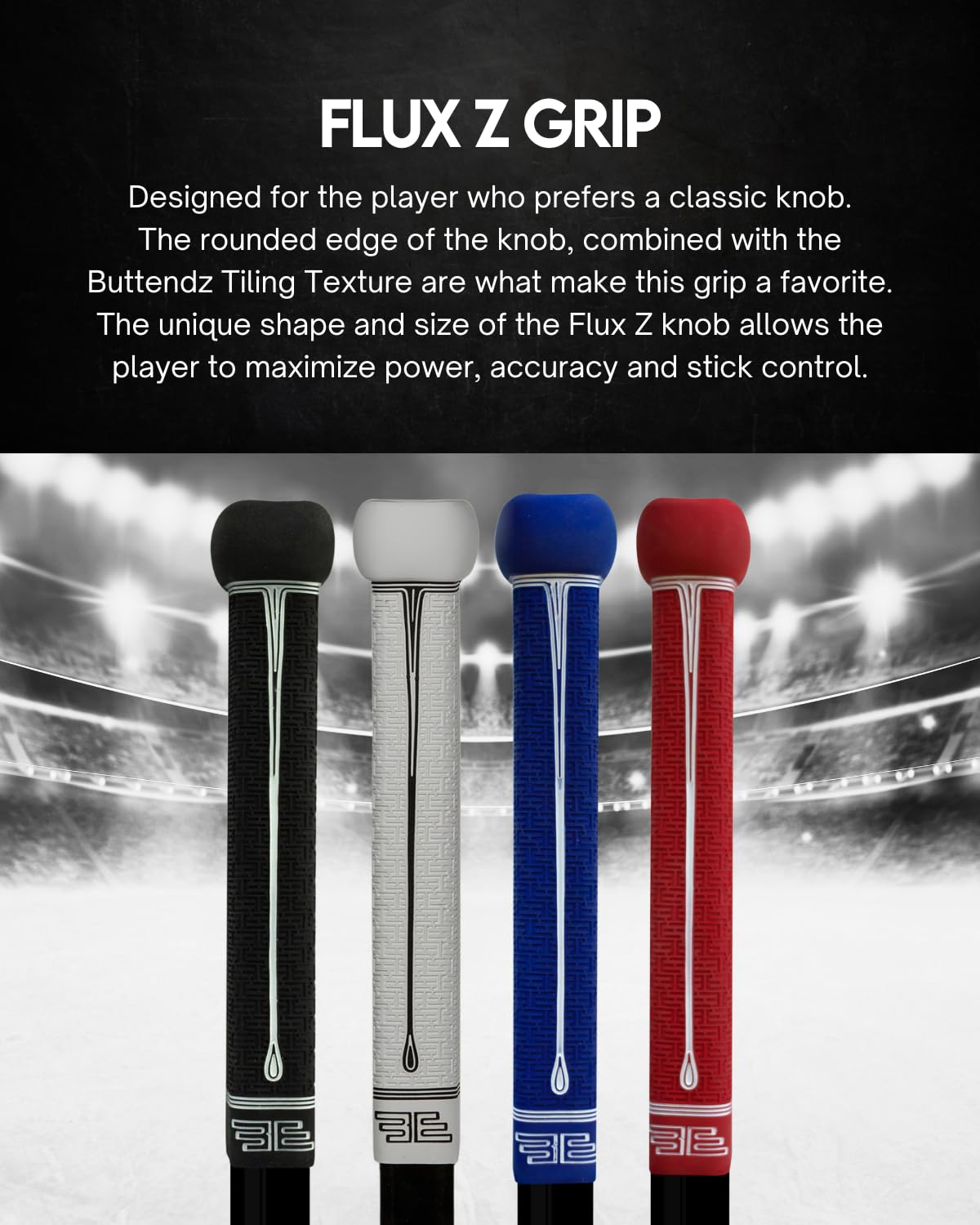 Buttendz Flux Z Hockey Stick Replacement Grip - Reusable Design, Large Knob Player Grip to Maximize Power, Accuracy and Stick Control, Fits All Stick Sizes (White/Black Drip)