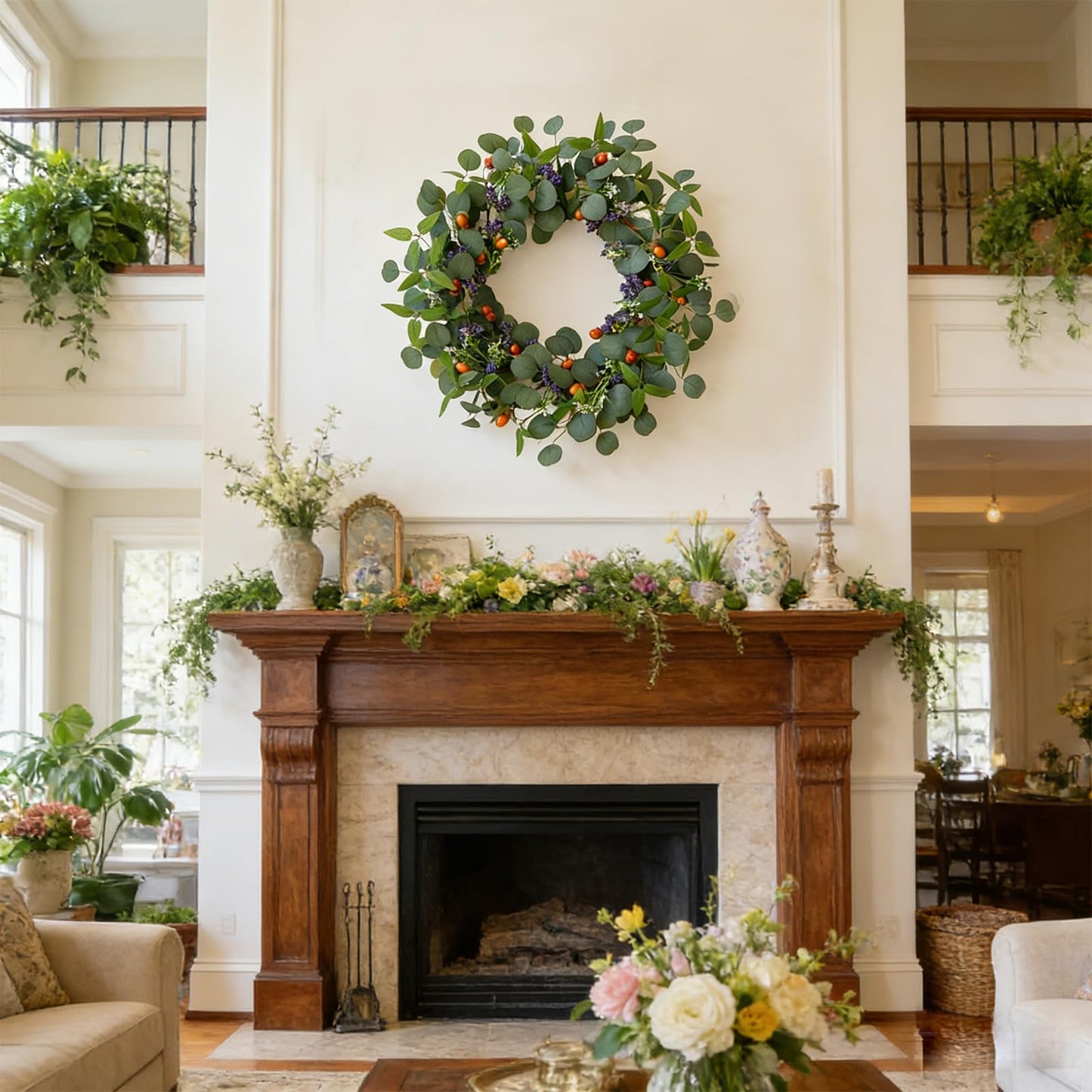 TEMPUS 22" Eucalyptus Wreath for Front Door - Pre-Fluffed Greenery Wreath with Olive Leaves & Hazelnuts, Farmhouse All-Season Door Decor