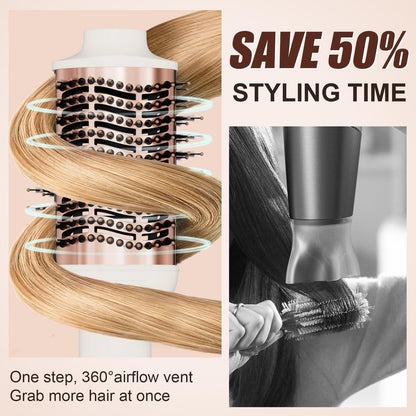 110-240V Travel Brush Hair Dryer, Small Hair Straightener Brush with European Plug Adapter for International Travel, 4 in 1 Hot Air Styler & Dryer for Drying Straightening Curling Volumizing