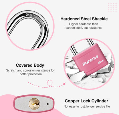 Puroma Keyed Padlock with 2 Keys Alike, 7/8 Inch Locker Lock 40mm Heavy-Duty Locks for Gate Fence Hasp Cabinet Toolbox School Gym Locker (Pink)