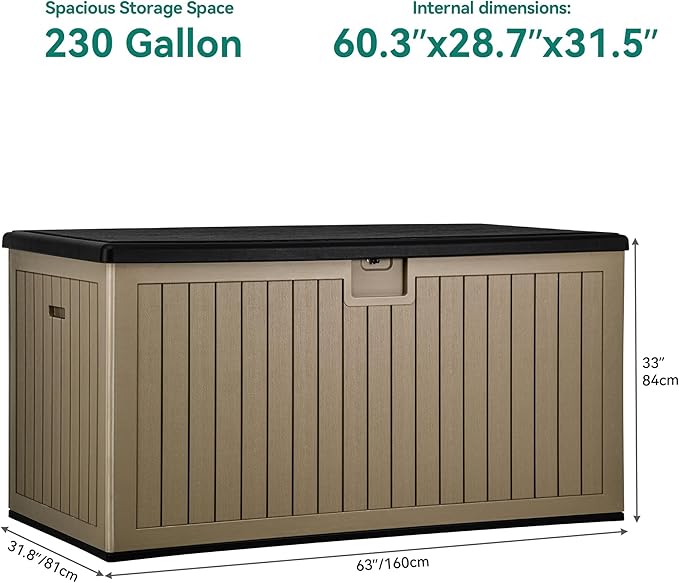 YITAHOME XXL 230 Gallon Large Deck Box,Outdoor Storage for Patio Furniture Cushions,Garden Tools and Pool Equipment with Flexible Divider,Waterproof,Lockable (Black&Brown)
