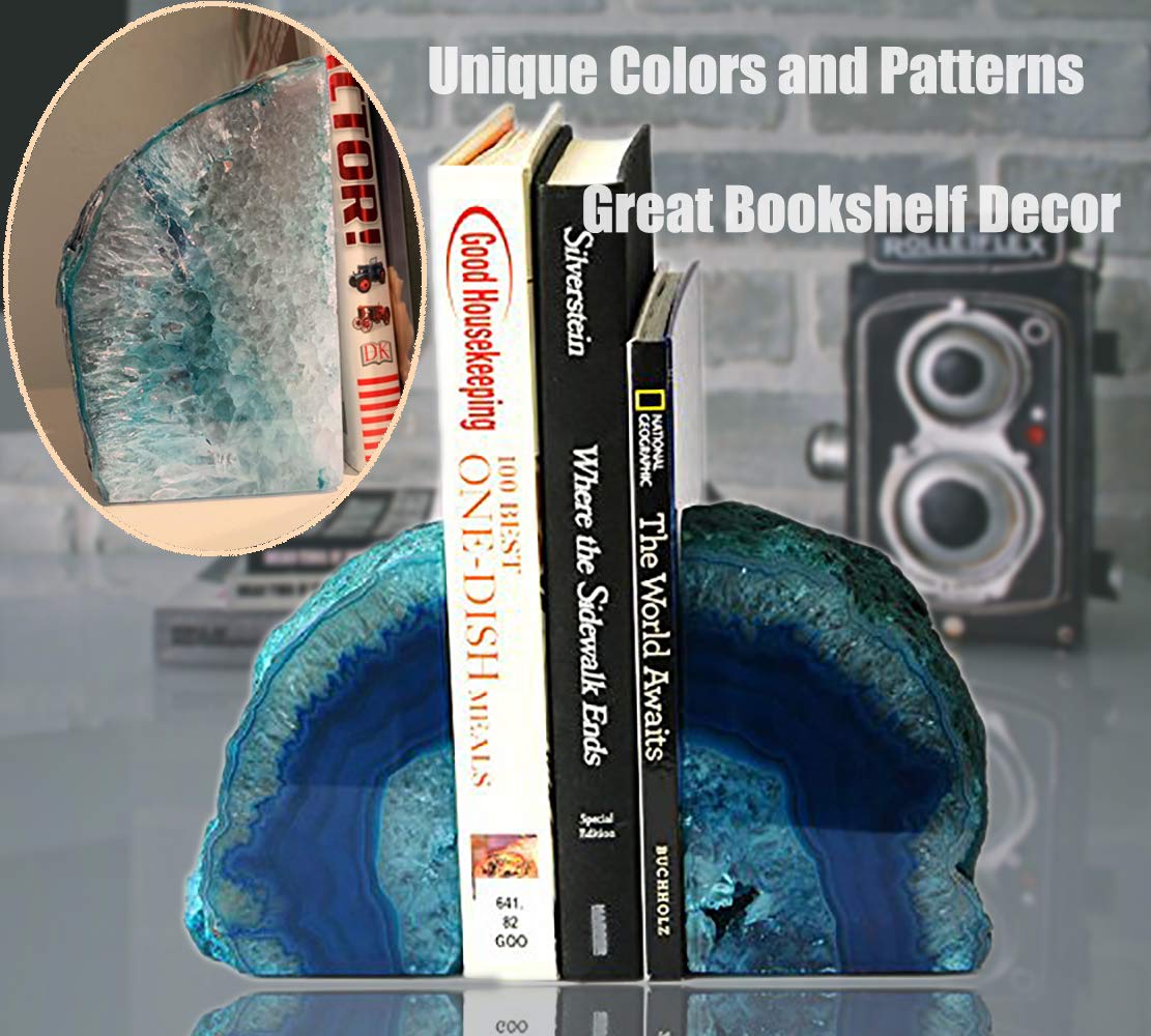 AMOYSTONE Agate Geode Bookends Heavy Duty Stone Book Ends Decorative Bookend Holder Home Office Decor with Rubber Bumpers Teal 1 Pair, 2-3 LBS