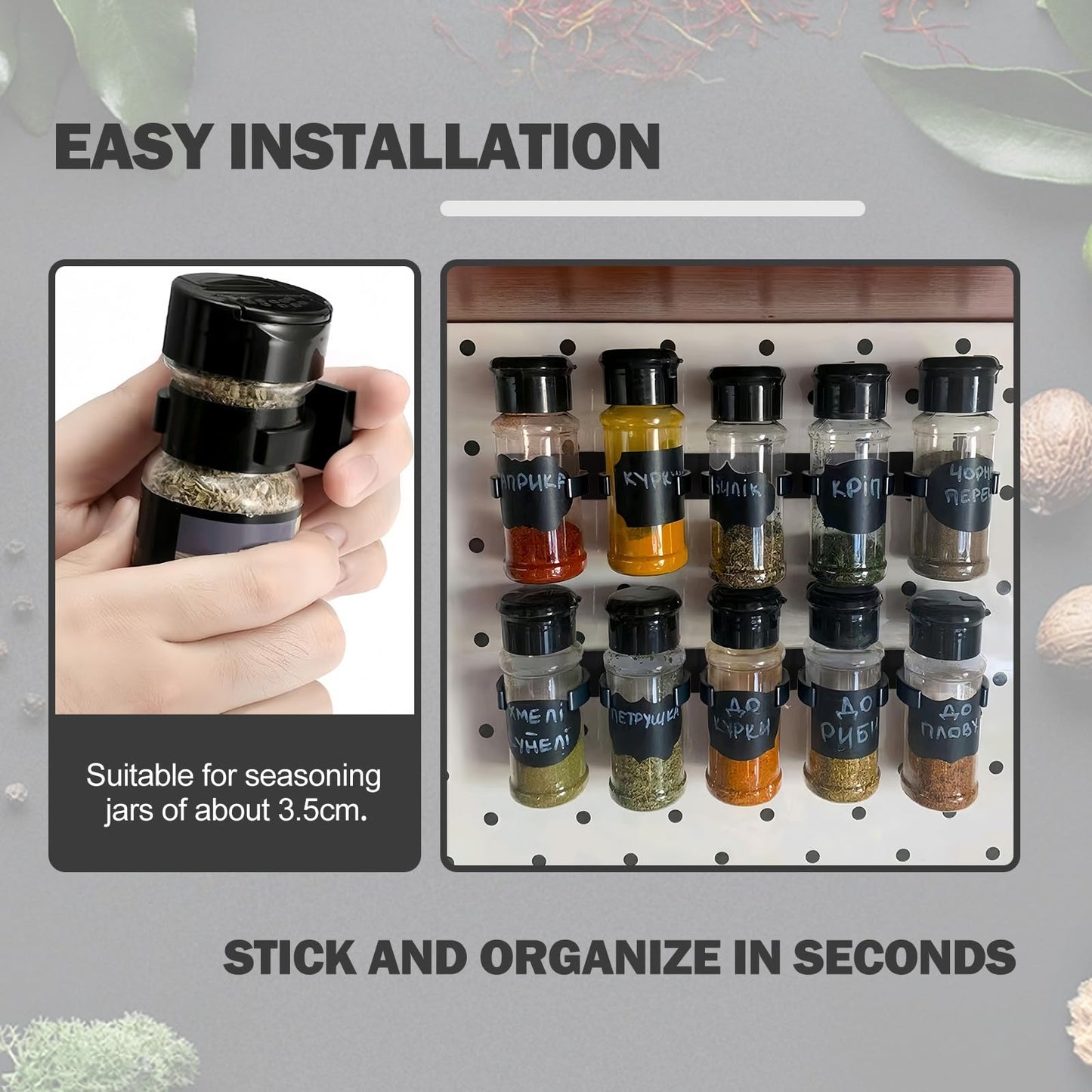 Adhesive Spice Clips 3-Pack, Heavy-Duty Spice Organizer for Cabinet Doors, Pantry & RV, Space-Saving Kitchen Storage with Tape, Holds 15 Jars (Black)