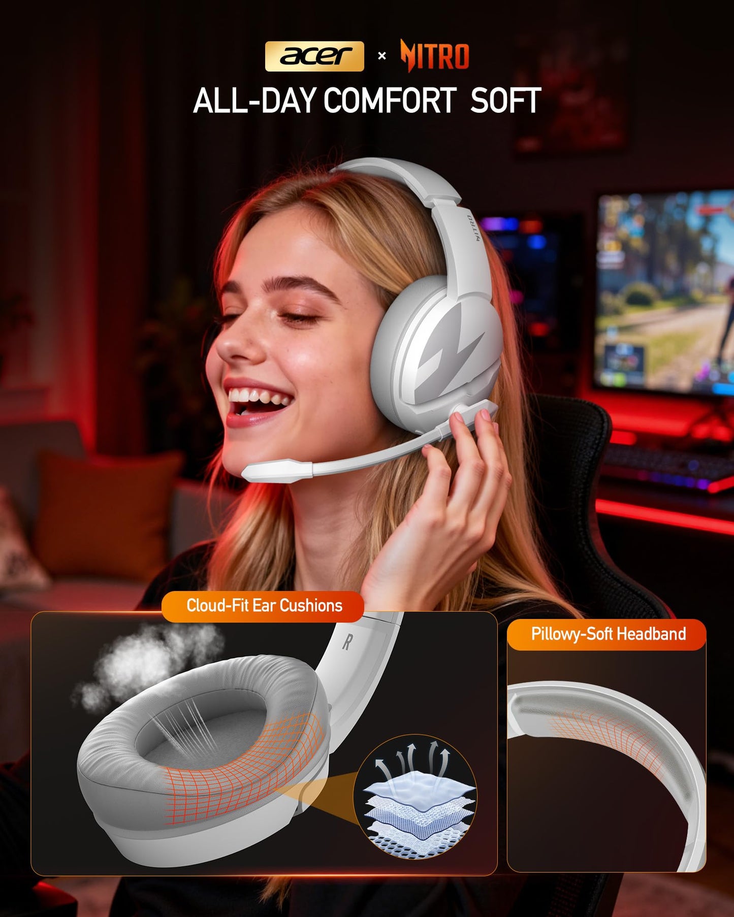 acer Wireless Gaming Headset, PS5 Headset with 2.4GHz for Ps5, Ps4, PC, Switch, Bluetooth 5.3 + 100Hrs Gaming Headphones with Noise Canceling Mic for Laptop, Mobile, Mac, 50mm Drivers (White)
