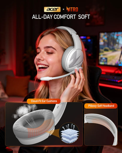 acer Wireless Gaming Headset, PS5 Headset with 2.4GHz for Ps5, Ps4, PC, Switch, Bluetooth 5.3 + 100Hrs Gaming Headphones with Noise Canceling Mic for Laptop, Mobile, Mac, 50mm Drivers (White)