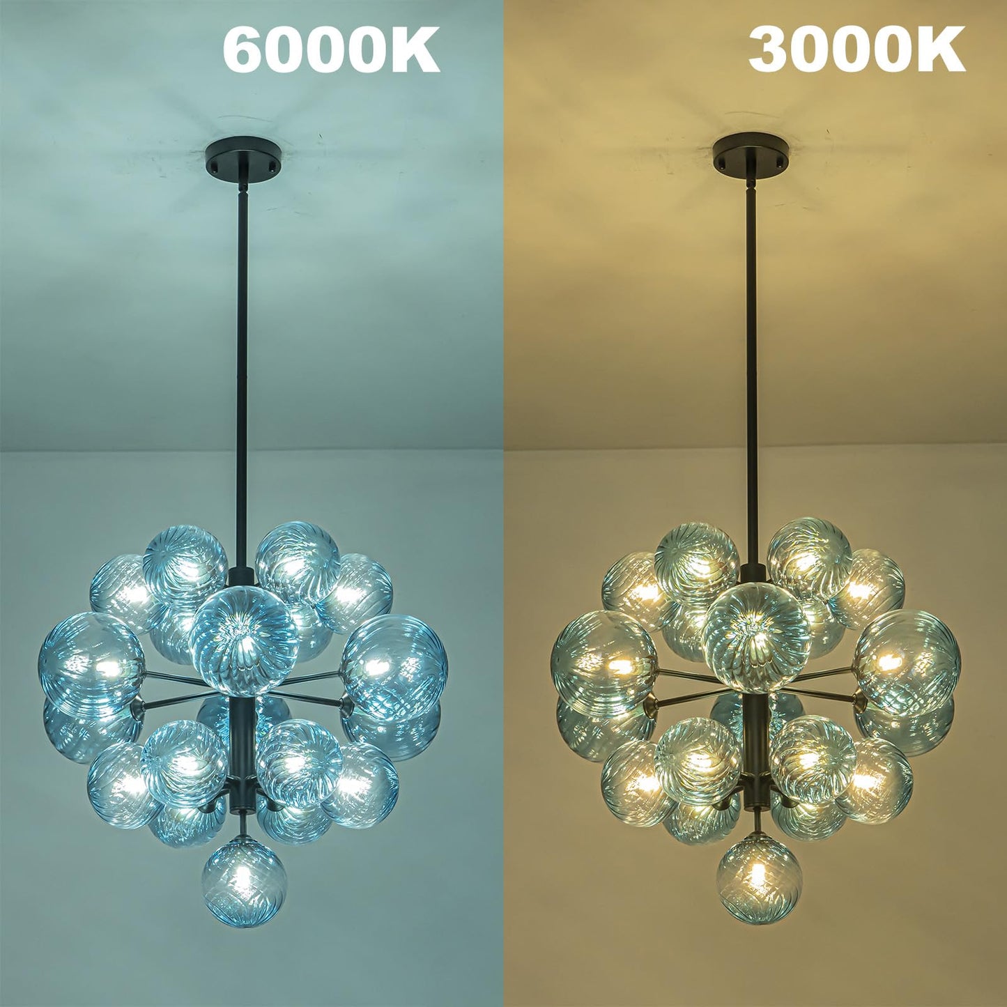 19-Light Blue Glass Bubble Chandelier Light Fixture, 24" Large Foyer Lighting Fixtures, Adjustable Black Mid Century Modern Sputnik Chandeliers for Dining Room Chandelier over Table, G9 Bulb Base