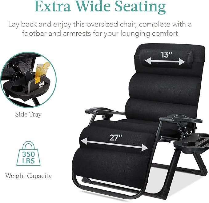 Best Choice Products Oversized Zero Gravity Chair, Folding Outdoor Patio Recliner, XL Anti Gravity Lounger w/Removable Cushion, Cup Holder, Side Tray, 350lb Capacity - Onyx Black