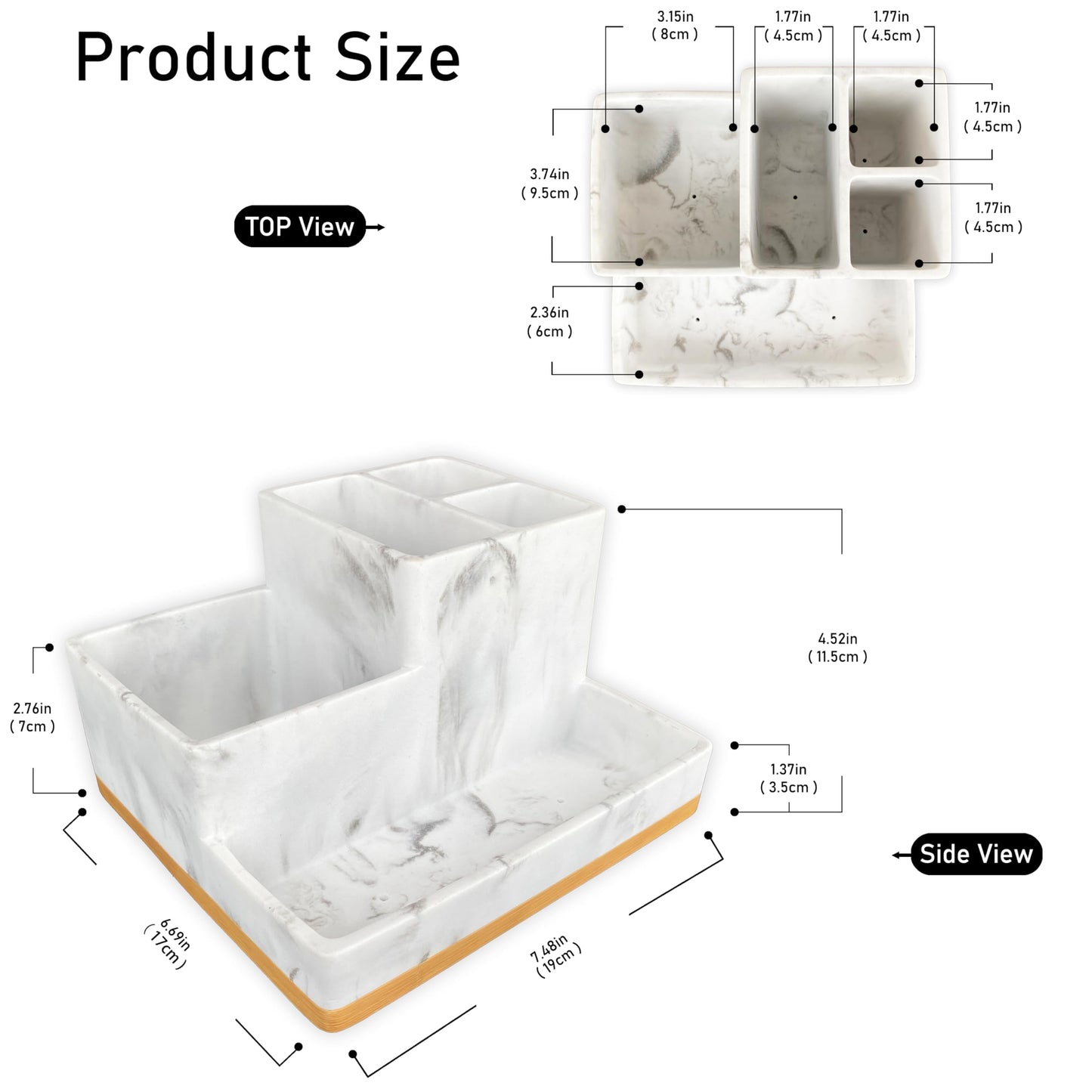 Bathroom Countertop Organizer with Tray, Large Size Toothbrush Holder Organizer, Vanity Storage for Bathroom, 5 Different Size Compartment, Resin in White Marble Bamboo Bottom