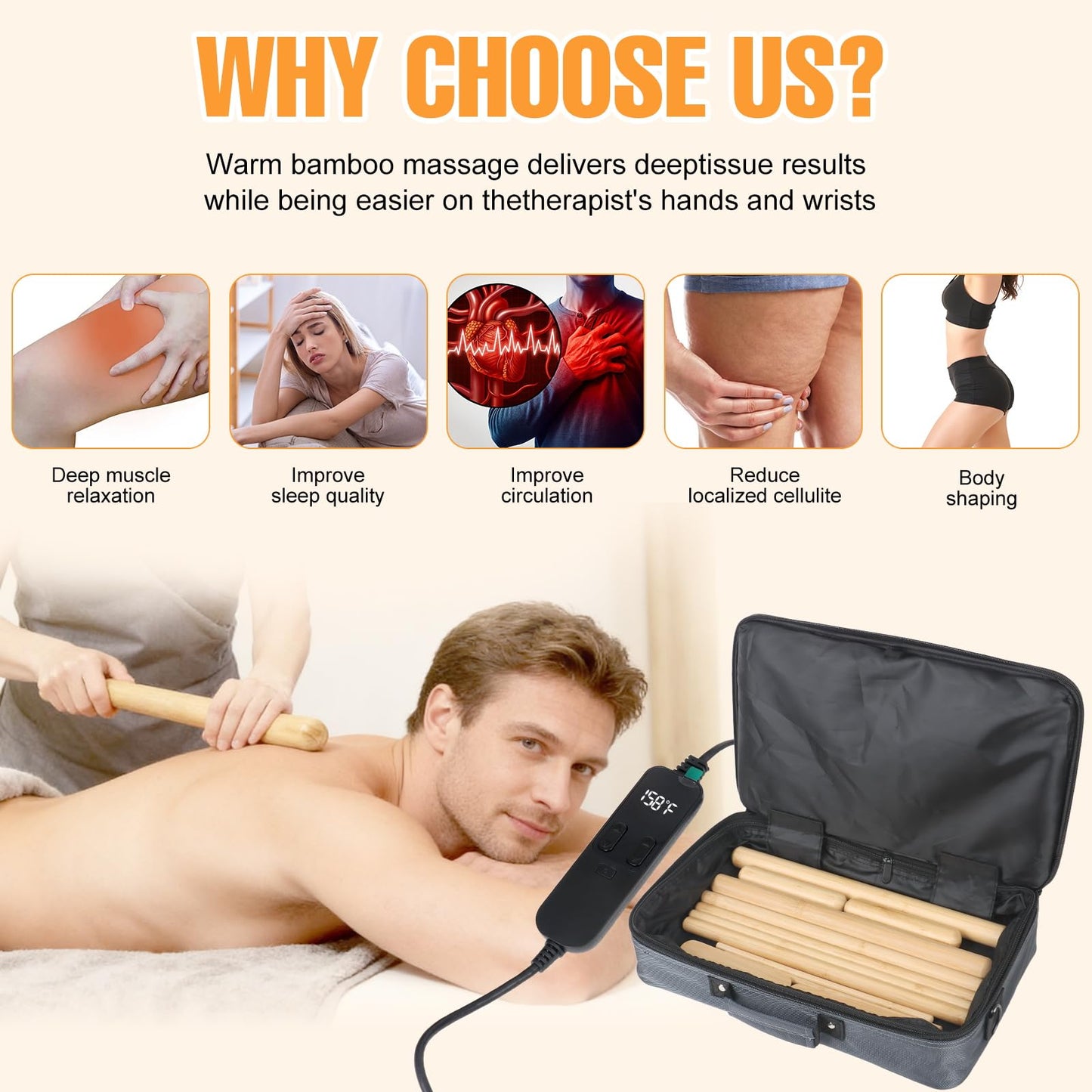OnVisit Hot Bamboo Massage Sticks Warmer Kit,12pcs Solid Bamboo Sticks for SPA,Portable Stone Massage Heater with Temperature Control/Heating Time for Home/Travel Spa Warming Therapy Relaxing