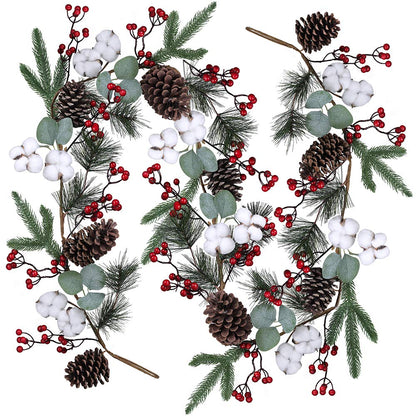 Artificial Christmas Pine Garland with Berries Pinecones Spruce Eucalyptus Leaves Cotton Balls Winter Greenery Garland for Holiday Season Mantel Fireplace Table Runner Centerpiece Décor 6 feet