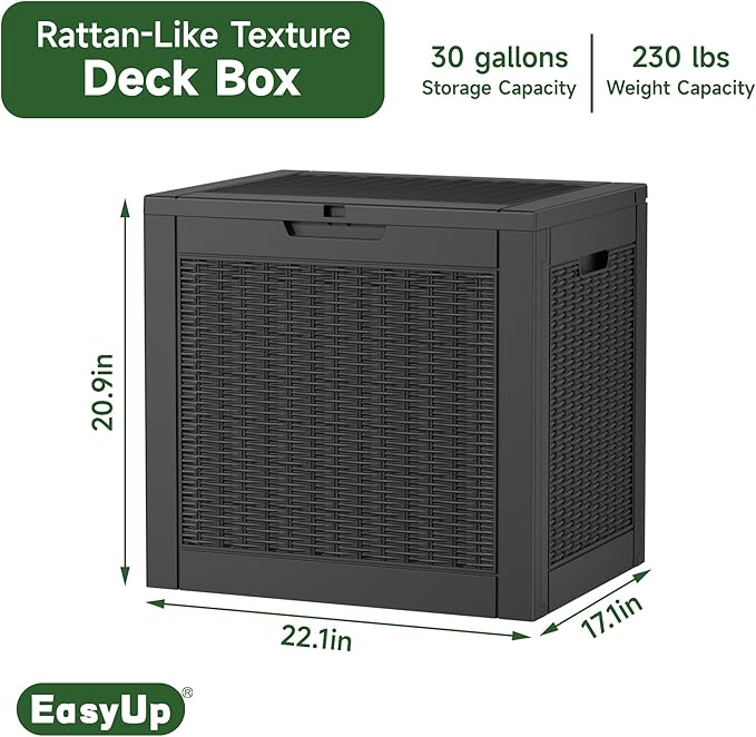 EasyUp 30 Gallon Resin Deck Box, Patio Outdoor Deck Box for Furniture, Garden Tools and Tools Storage, Waterproof Outside Storage Boxes(Black)