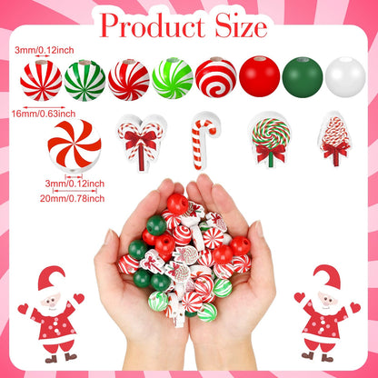 Qunclay 200 Pcs Christmas Beads for Crafts Wooden Christmas Beads Red Green and White Peppermint Candy Cane for Jewelry Making Holiday DIY Garland Party Tree Hanging Home