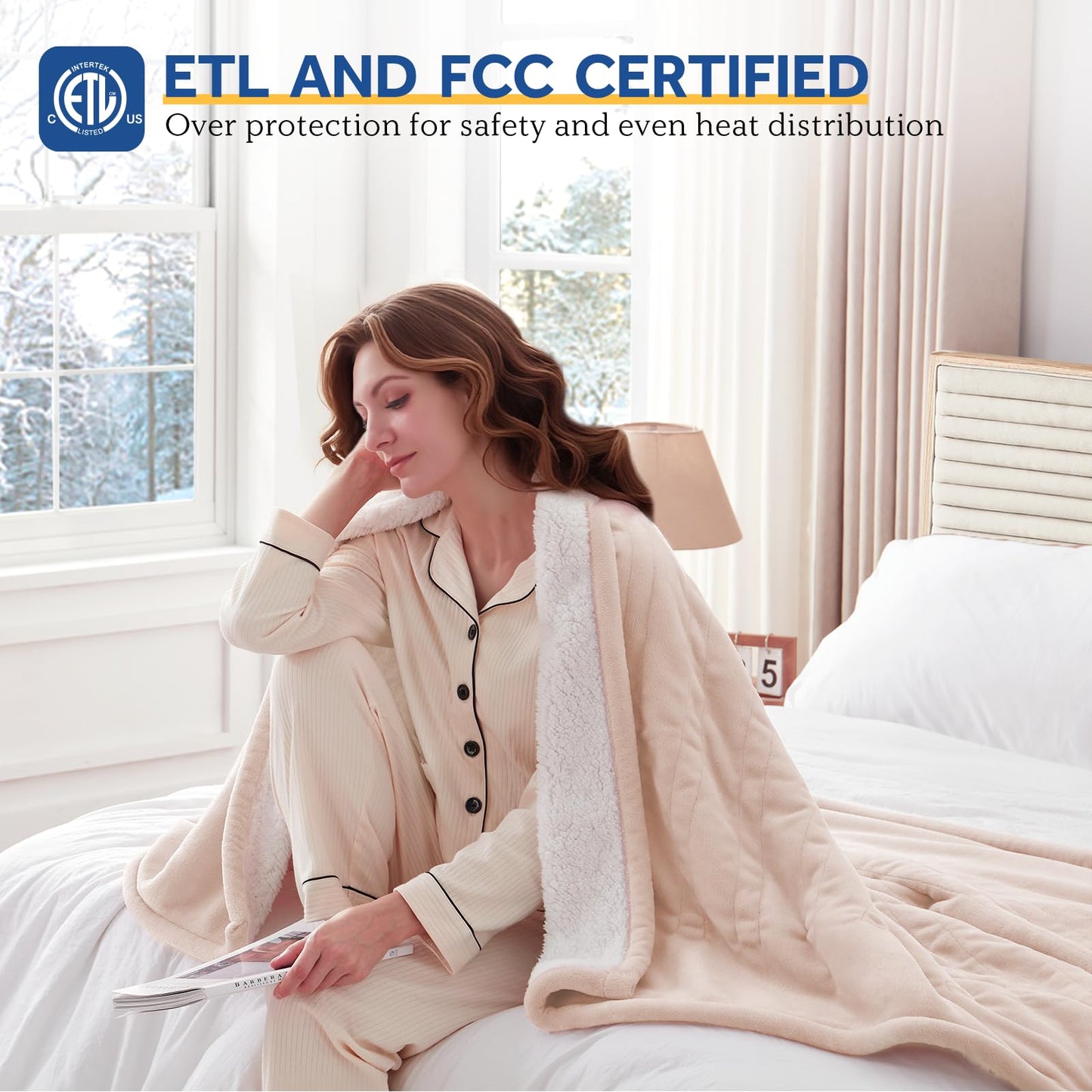 Sealy Electric Blanket Throw Size 50"*60",Super Cozy Flannel to Sherpa Reversible Heated Blanket Throw with 6 Heating Levels & 2-10 Hours Auto Off Overheating Protection Machine Washable,Beige