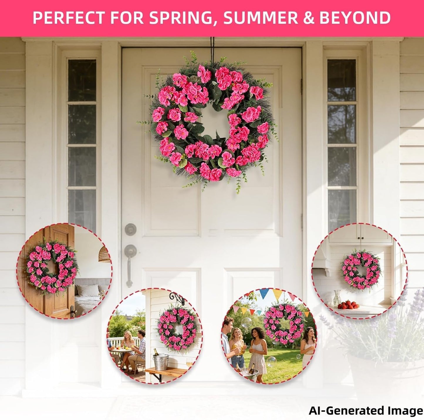 KuiMen Rose Red Artificial Geranium Wreath, 22 Inch Spring Summer Wreaths for Front Door with Blessed Hanging Sign, for Rustic Farmhouse Entryway Porch Balcony Decor