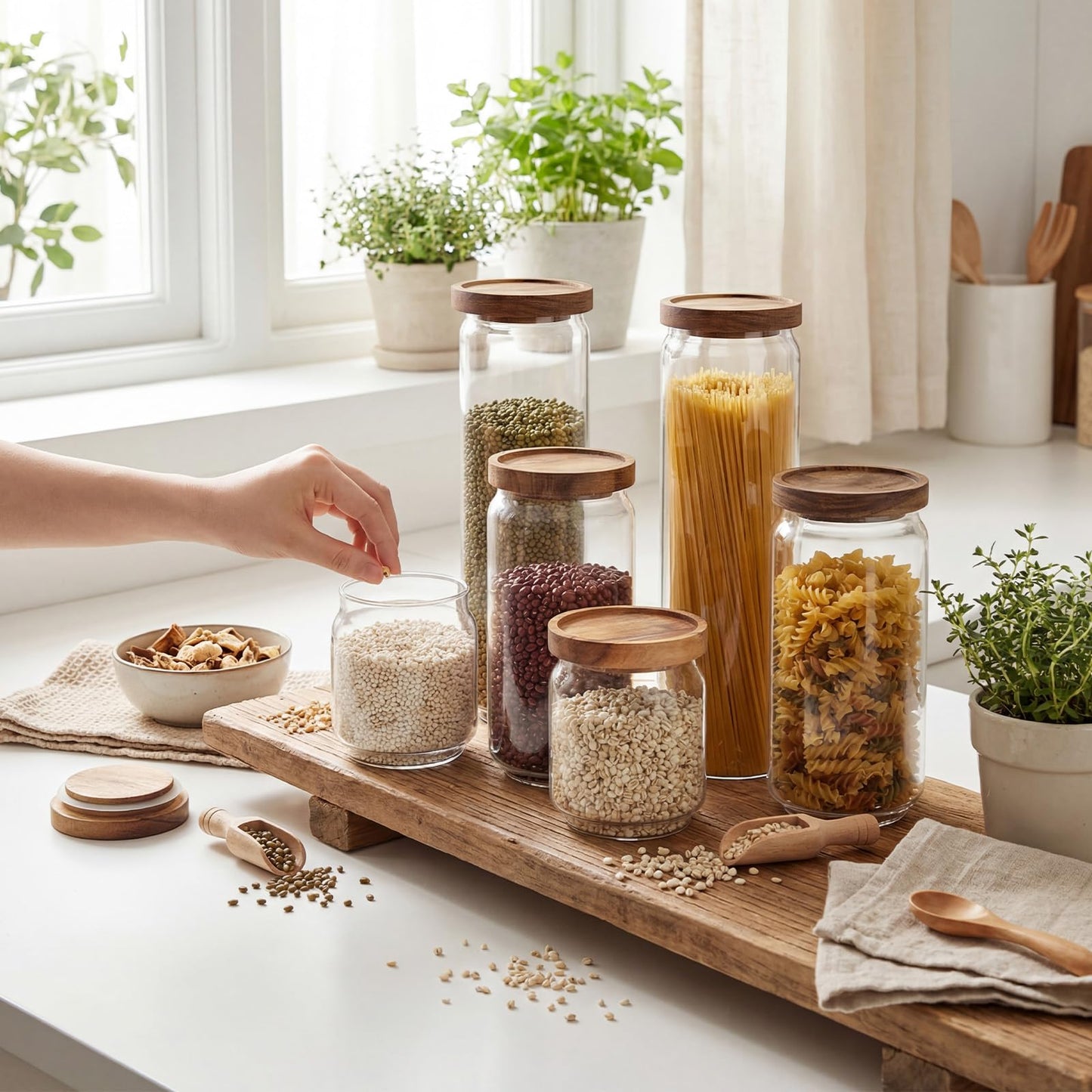 SiliFine 6 Set Glass Pantry Storage Jar with Acacia Airtight Lid 3 Size Glass Storage Container Jar for Pasta Spaghetti Cereal Coffee Bean Flour Sugar Rice, 17oz, 35oz, 53oz (Wood Lid)