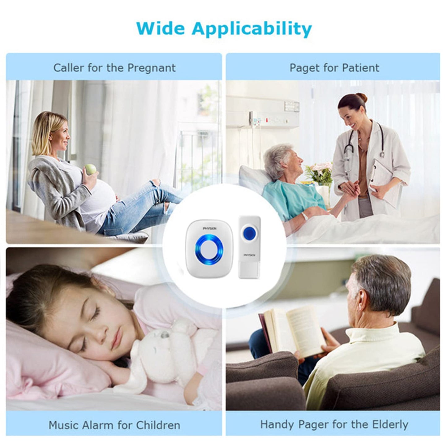 Wireless Doorbell, PHYSEN Waterproof Door bell Chime Kit Operating at 1300-ft Range 58 Adjustable Melodies 5 Volume Levels & LED Flash, Doorbell Alarm for Home/Classroom, 2 Push Buttons+4 Receivers