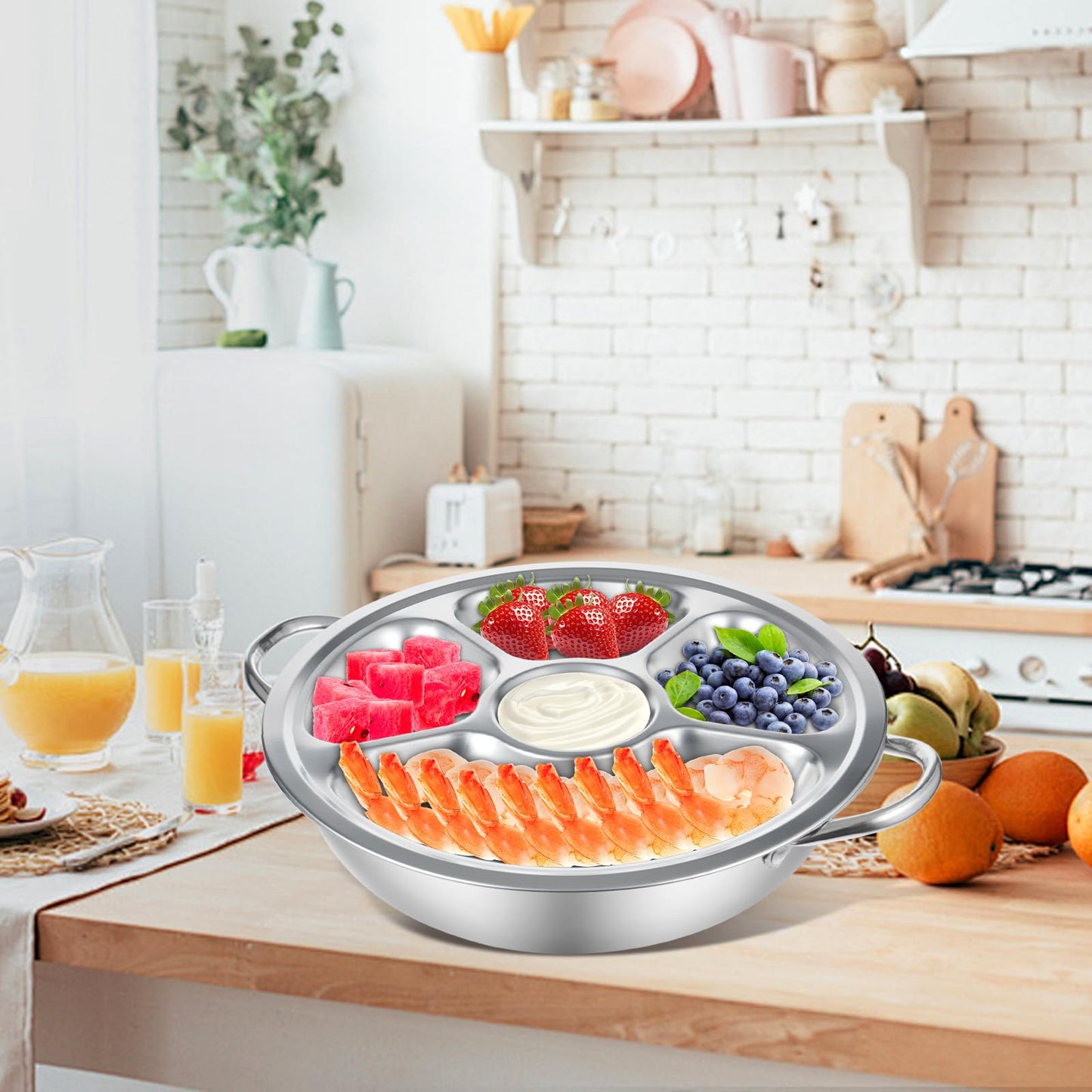 2 Set Shrimp Cocktail Serving Dish 11 Inch Stainless Steel Dip Chiller Serving Bowl, 2 5-Section Chilled Food Trays 2 Round Plate with Handle for Dinner Buffet Seafood Oysters Crawfish Veggie Fruit