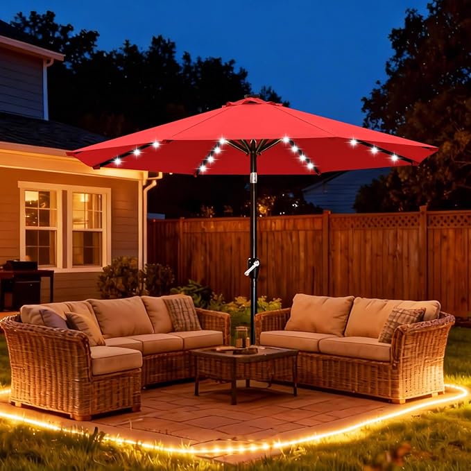 ABCCANOPY Durable Solar Led Patio Umbrellas with 32LED Lights 11FT（Red）
