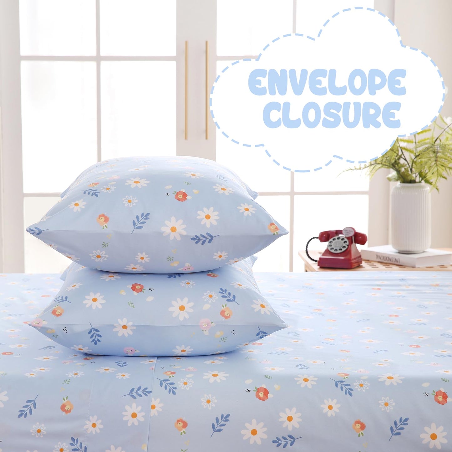 Yibeizi Blue Floral Sheet Set for Girls Twin, Kids Cute Daisy Print Bedsheets Microfiber Deep Pocket Flower Patterned Bed Sheet & Pillowcase Sets 3 Pieces
