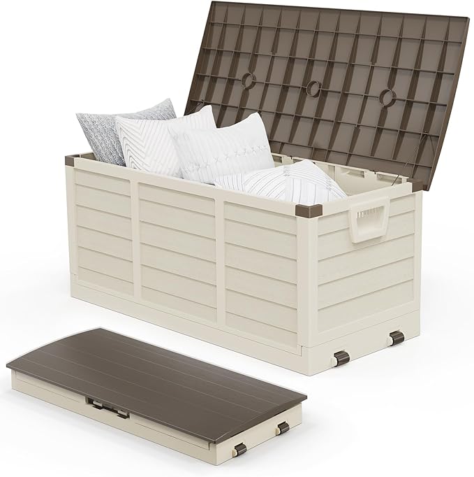 VINGLI 75 Gallon Collapsible Outdoor Storage Box, Simple-to-assemble Plastic Storage Containers with Lid, Patio Deck Box Furniture for Garden, Pool, Balcony, Yard (Coffee)