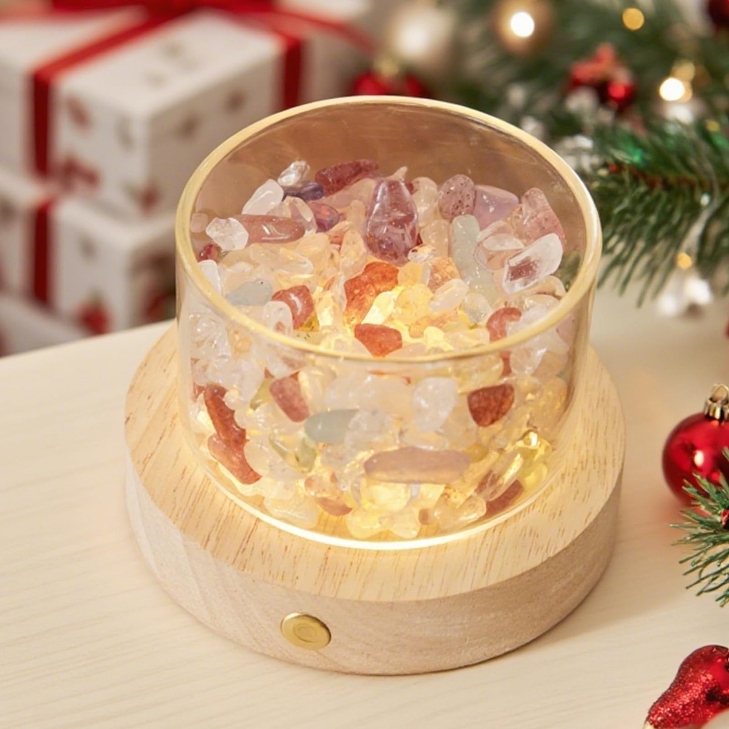 Lamptobe Healing Crystals Lamp with Wooden Light Base, Crystal Gift for Women Chakra Crystal Gemstones Set for Meditation Spiritual Reiki Positive Energy Office Home