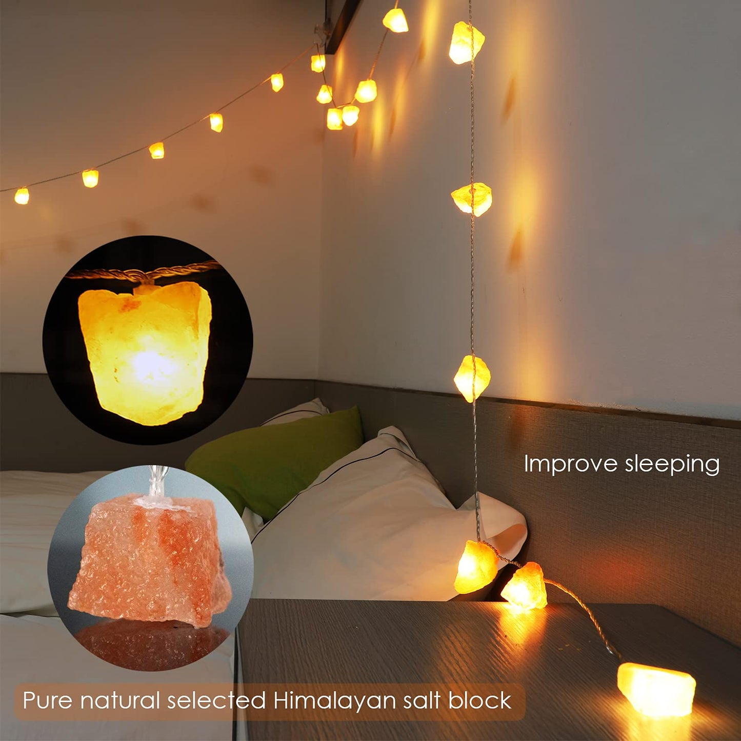HeaHap Himalayan Salt String Lights with Switch, 20 Natural Salt Block LED Light with USB Interface Suitable for Decorating Home, Bedrooms, Fireplaces（Total Length: 11.5 Feet）