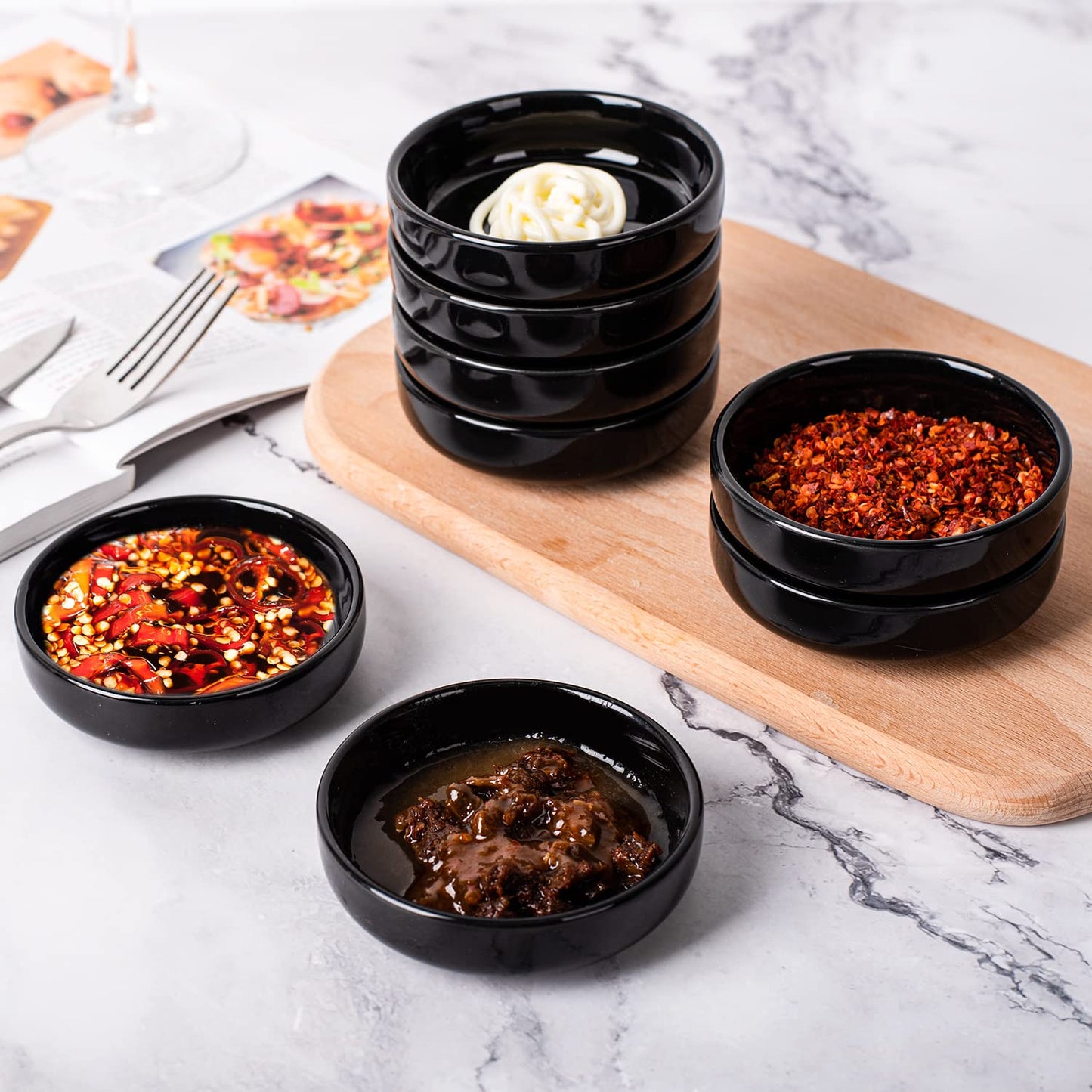 DELLING 3.5 oz Black Dipping Bowls Set of 8, Porcelain Sauce Cups - Charcuterie Cups for Soy Sauce, Condiments, Ketchup - Microwave & Dishwasher Safe Small Bowls