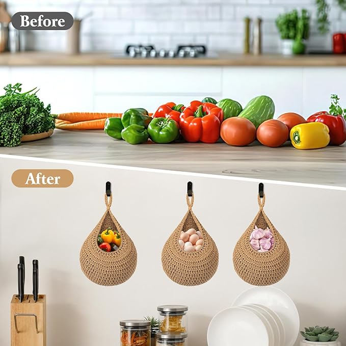 Hanging Fruit Baskets for Kitchen, 3 Pack Boho Wall Hanging Basket for Fruits &