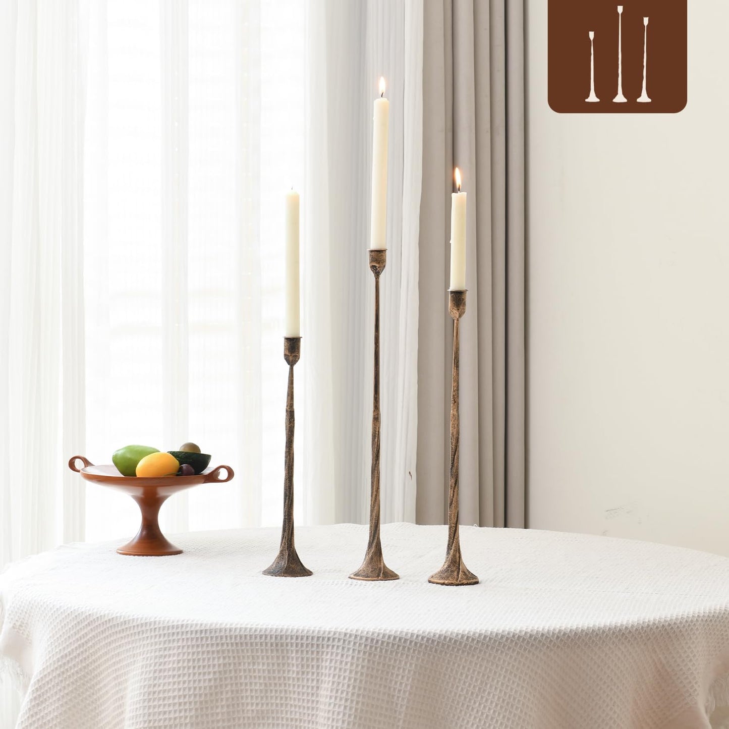 Set of 3 Candle Stick Holders, Iron Antique Gold Candlestick Holders, Fits 3/4 inch Thick Candles, Tapered Candle Holders Tall Set for Dining Table, Wedding, Home Decoration