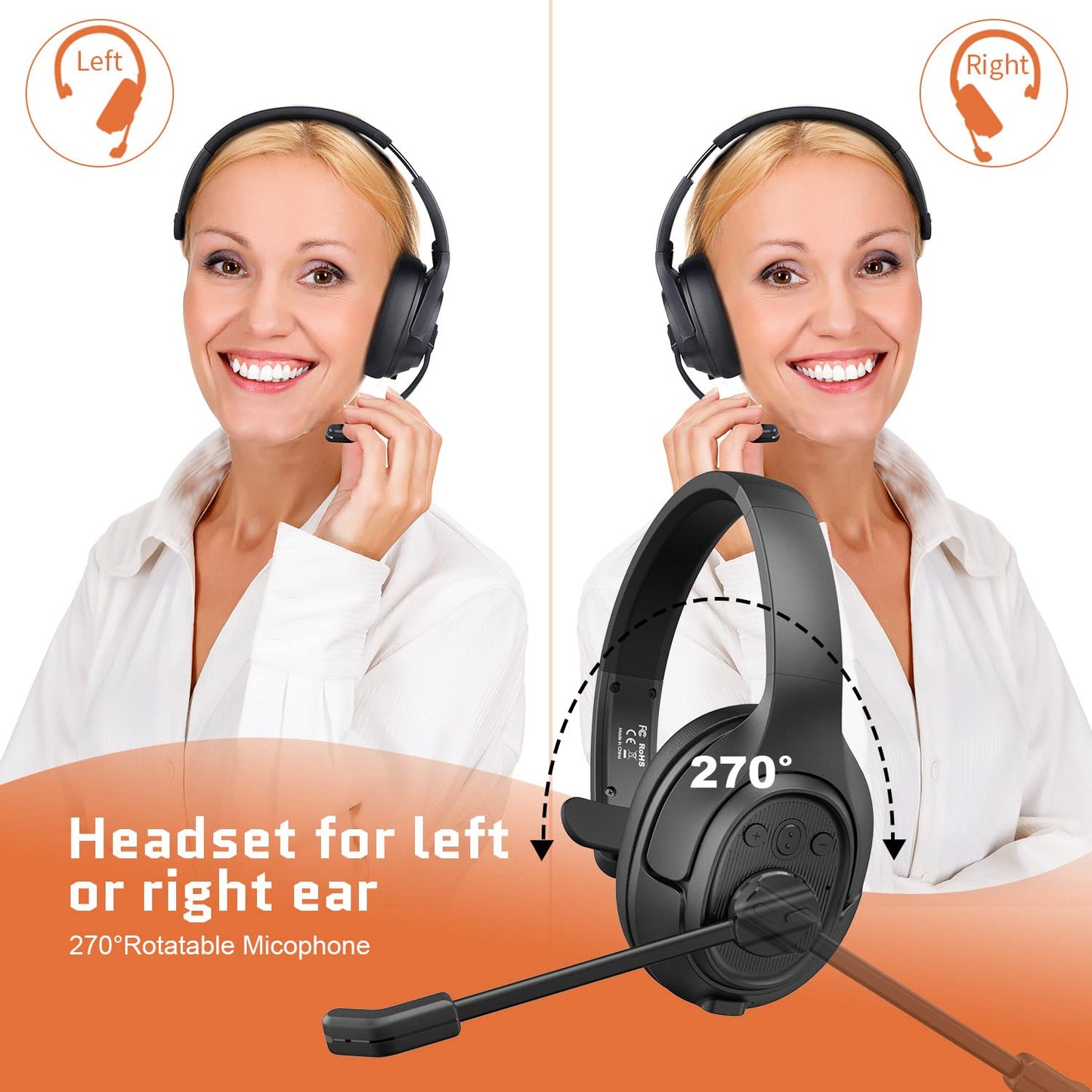 EKSA Noise Cancelling Trucker Bluetooth Headset with Microphone Wireless AI-Powered ENC Headphones, 99ft Long Range, 30H of Talk Time, All-Day Comfort On Ear Headsets Mute Button