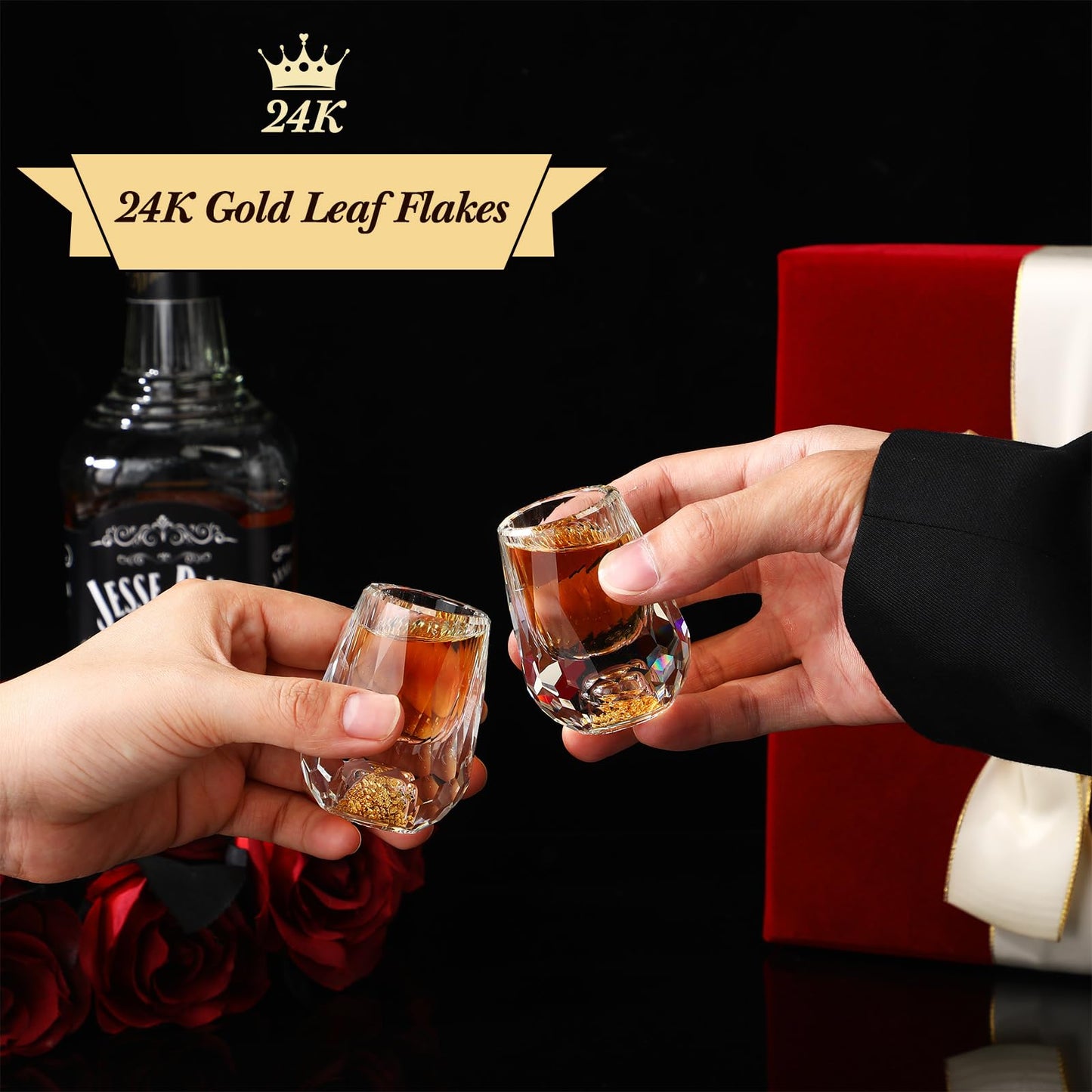 Skybooly 12 Pcs Small Crystal Shot Glasses with 24k Gold Leaf Flakes - Mini Diamond Tequila Whiskey Shot Glasses Set Luxury Drinking Glassware for Party Bar Decor Collection Gift(Medium,0.5 oz)