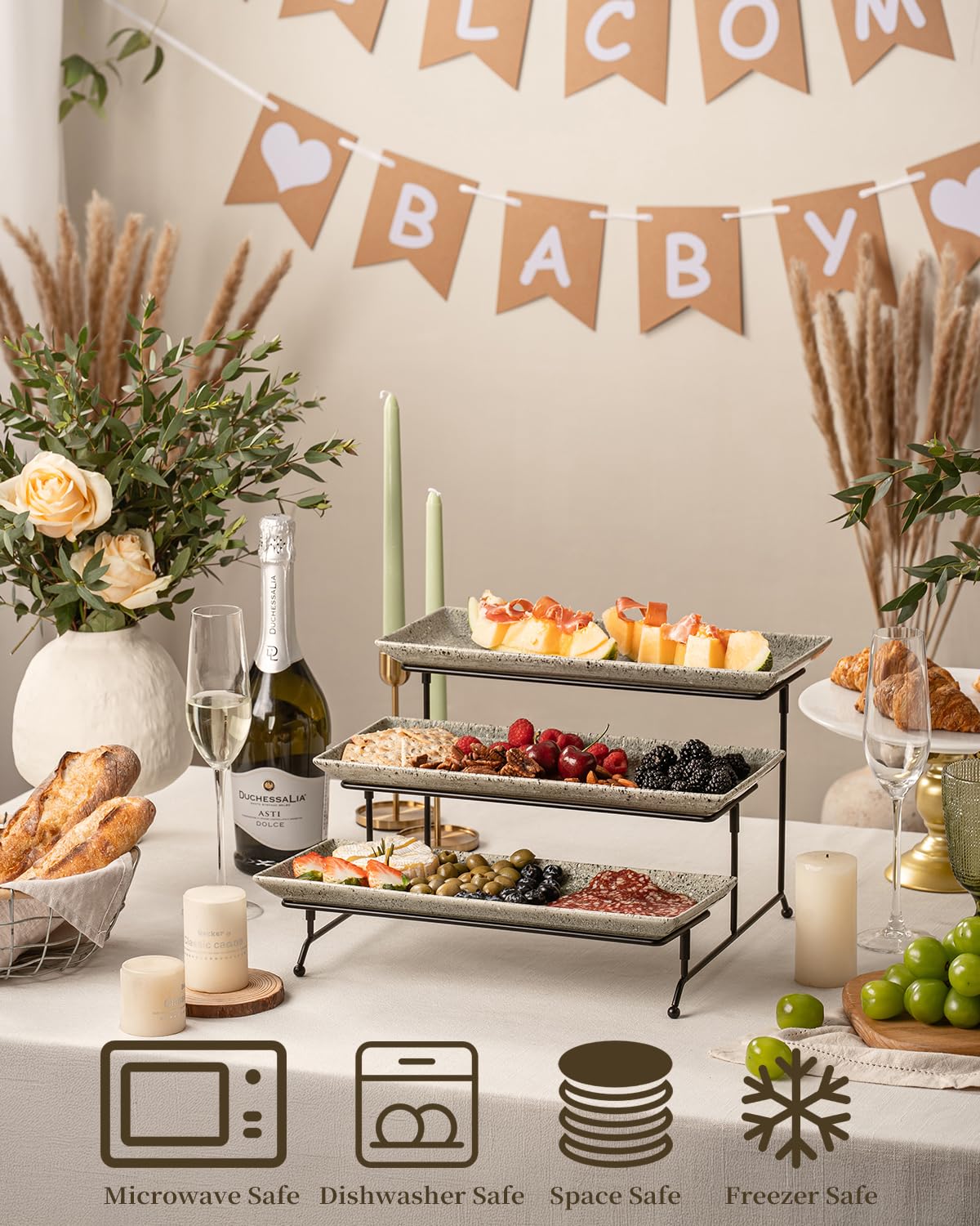 LAUCHUH 3 Tier Serving Trays for Party, 14 inch Dessert Party Display Stand Serving Platters and Trays with Collapsible Sturdier Rack for Father's Day Serving Food, Speckled Gray