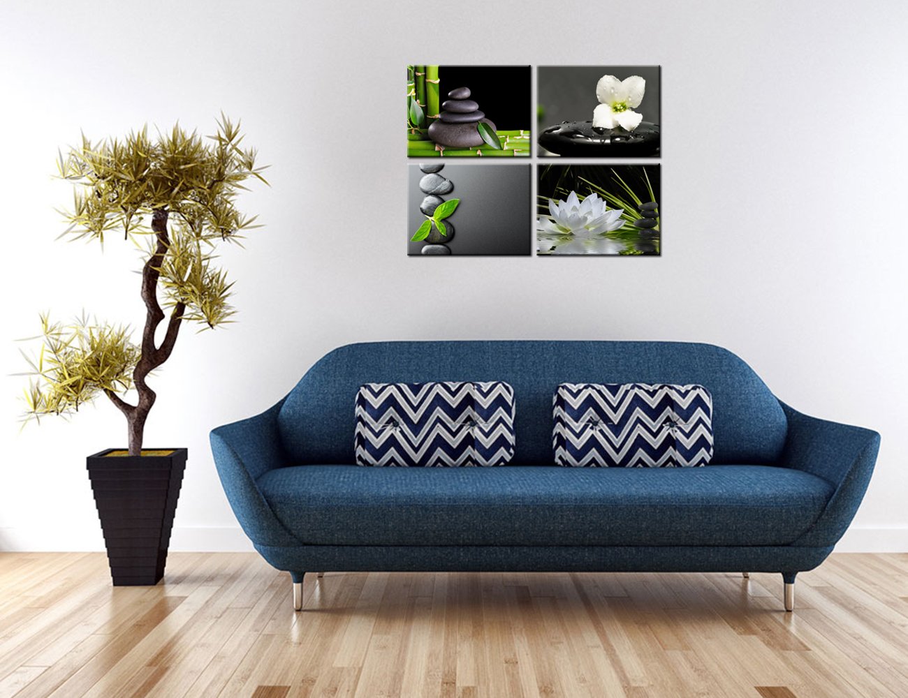 VVOVV Wall Decor Zen Wall Decor Zen Stone Elegant Lotus Flower Painting Green Bamboo Wall Pictures Bathroom Spa Room Decor Framed Gallery Wrap 12"x16"x4 Panels