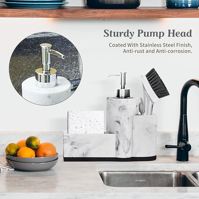 zccz Soap Dispenser with Sponge Holder and Brush Holder, Marble Pattern Kitchen