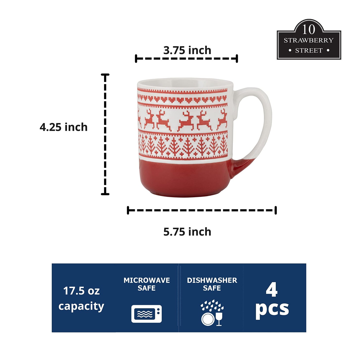 10 Strawberry Street Embossed Reindeer Ceramic Mug, Set of 4 (Red), S4MUG-XMAS