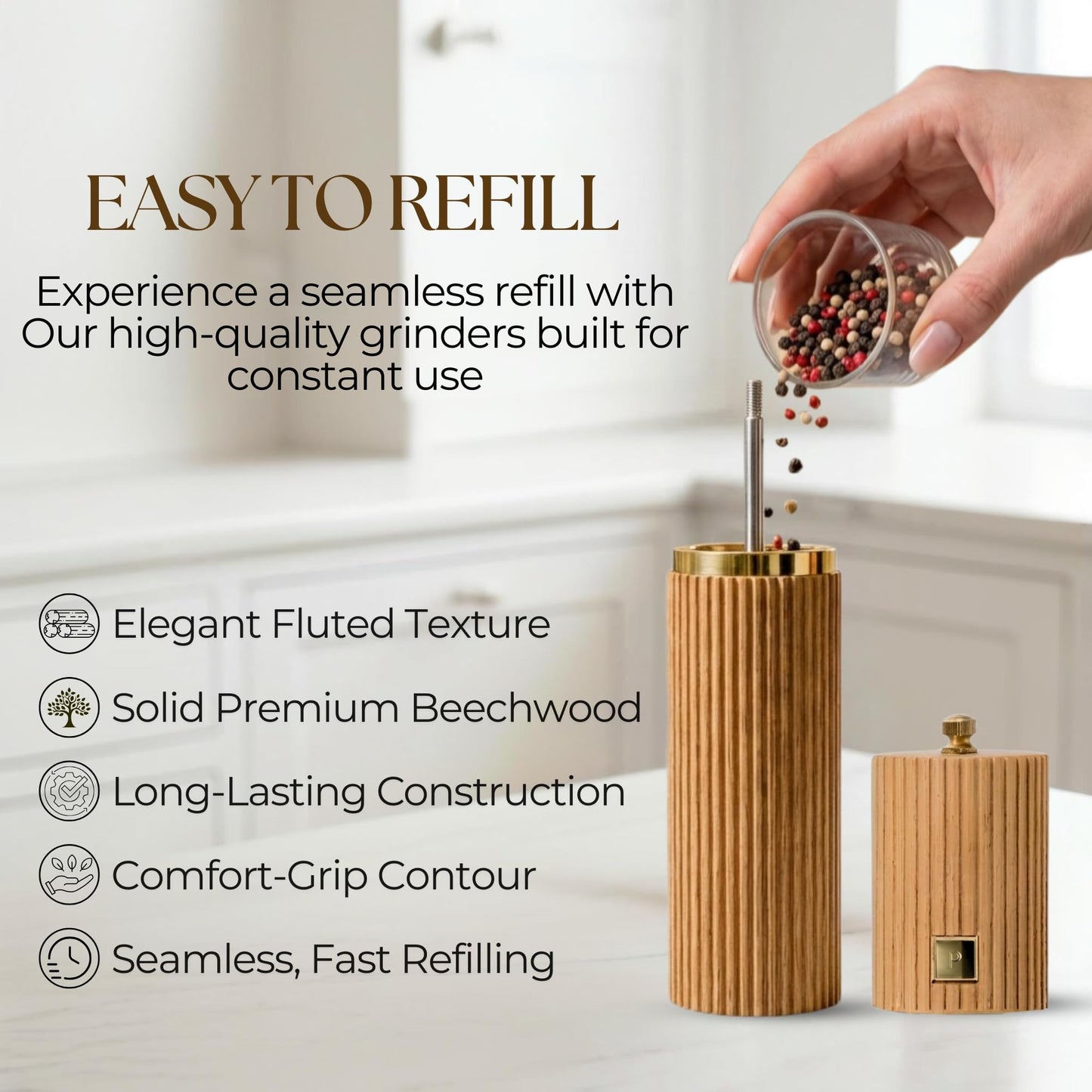 Wooden Salt and Pepper Grinder Set – Refillable Beechwood Salt & Pepper Mills with Gold Accents, Adjustable Ceramic Mill, Matching Wood Stand – Premium Kitchen Gift Set