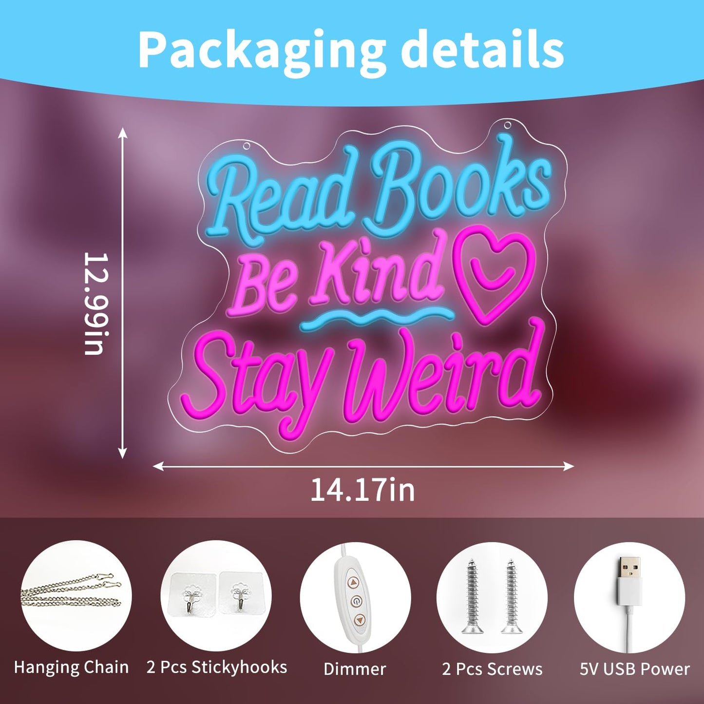 Read Books Be Kind Stay Weird Neon Sign Neon Signs for Wall Decor, Dimmable Read Books Neon Lights LED Sign, Bedroom Bookstore Reading Room Library Study Decoration 14.17 x 12.99 inch