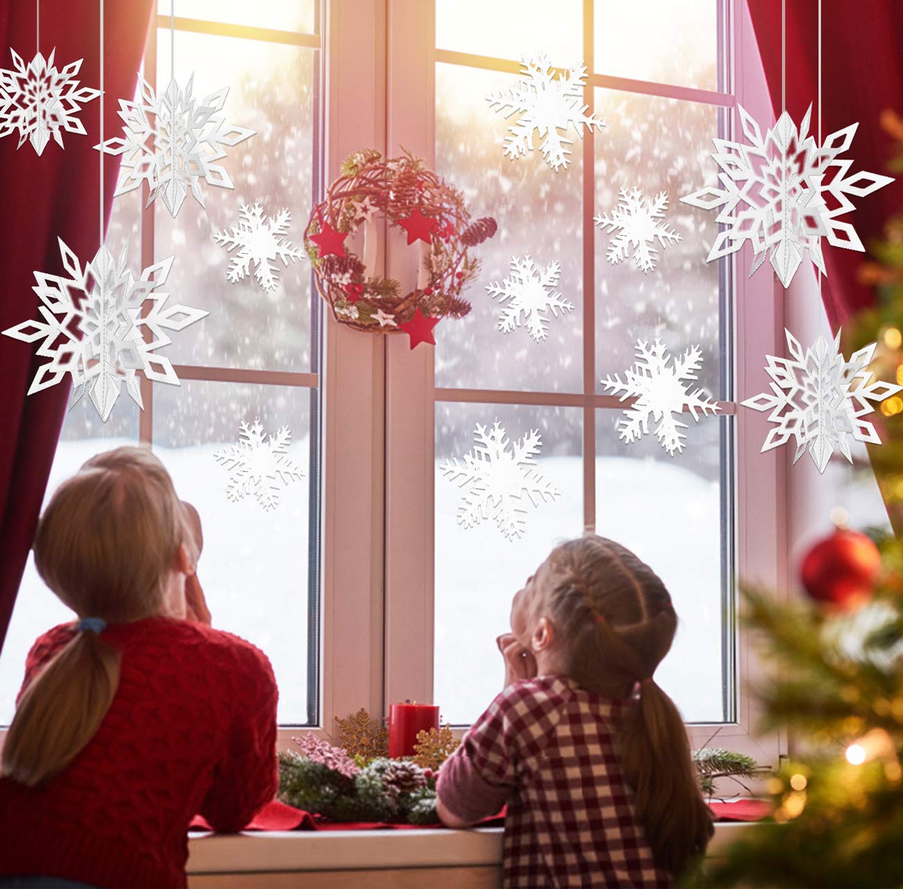 24PCS Snowflake Christmas Decorations, 3D Large White Paper Snowflakes Garland Hanging Snow Flakes for Winter Wonderland Christmas Party Decorations Holiday New Year Home Decor, Antiquewhite