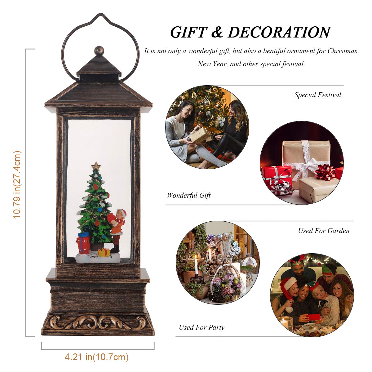 Christmas Snow Globe Lantern Crystal Glitter Lantern Features 8 Songs and 6-Hour Timer Function Ideal for Holiday Decorations and Gifts USB and Battery-Powered Snow Globe (Christmas Tree)