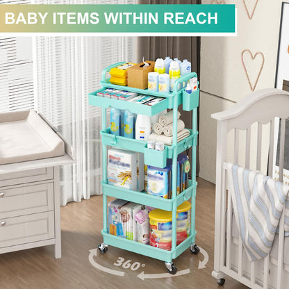 Goovilla 3 Tier Rolling Utility Cart Organizer with Removable Drawer, Stable and Sturdy Black Rolling Storage Carts with 2 Lockable Wheels for Bathroom, Kitchen, Snack, Craft, Makeup, Baby Essentials