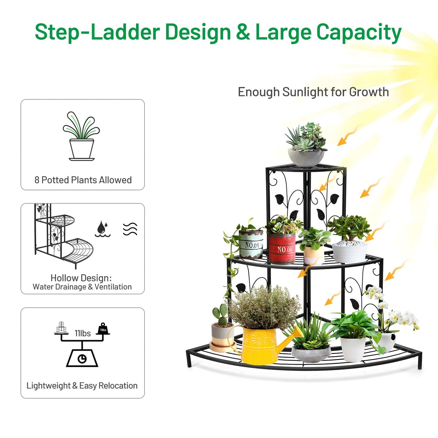 Giantex 3 Tiers Corner Shelf Metal Plant Stand, Stair-Step Style Flower Pot Display, Ladder Plant Display Rack, Quarter Round Plant Shelf for Indoor Outdoor Use