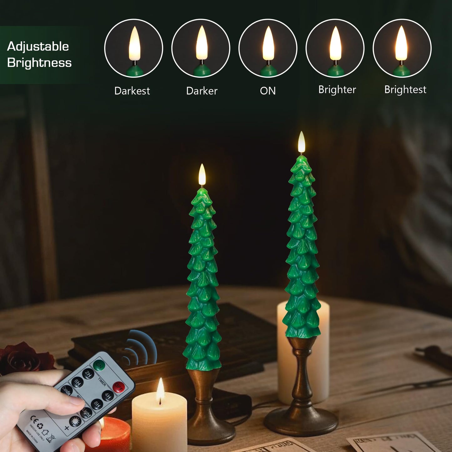yunsheng 3Pcs Christmas Tree Candles with Remote Timer, Green Real Wax Flameless Taper Candles Flickering, 9.5 Inches Battery Operated LED Window Candle for Home Holiday Decor