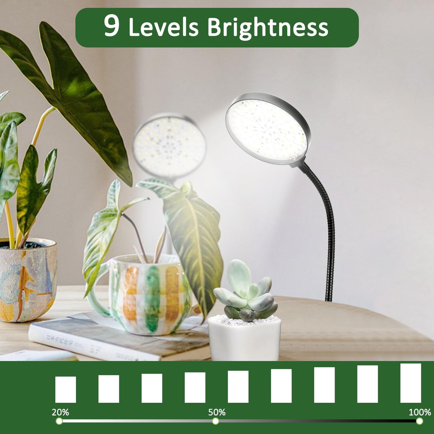 Bufccy Indoor Plant Grow Light, 6000K Full Spectrum LED, Auto On/Off Timer, 9 Dimming Levels, 360 Adjustable Gooseneck, Modern Style, Black
