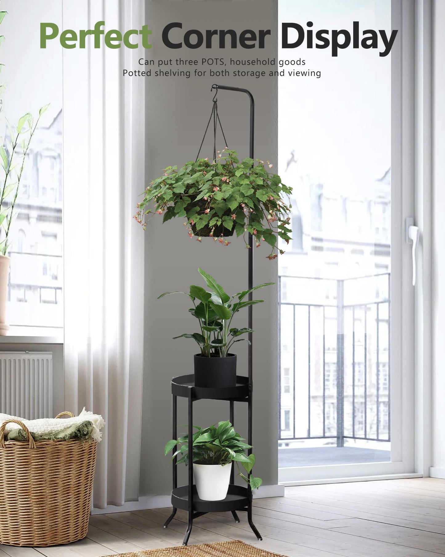 RINBOU Hanging Plant Stand Indoor Outdoor, Space-Saving Corner Metal Plant Shelf 3 Potted Flower Pot Stand, 2 Tier 61" Tall Modern Planter Holder for Patio Garden Balcony Living Room Bedroom, Black