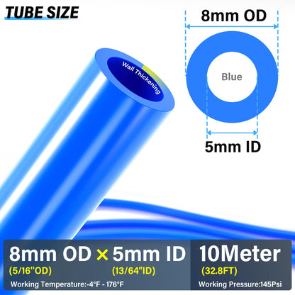 TAILONZ PNEUMATIC Blue 8mm OD 5mm ID Polyurethane PU Air Hose Pipe Tube Kit 10 Meter 32.8ft